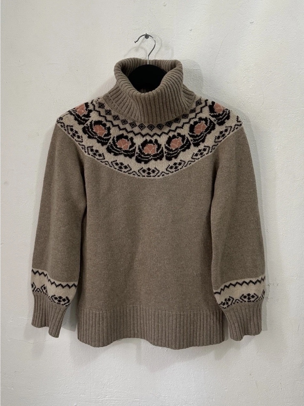 Qi Cashmere 100% Cashmere Turtleneck Sweater Womens S Brown Fair Isle Knit Soft